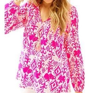 LILLY PULITZER NWT Willa Top Magenta Tons of Fun  Long Sleeve Blouse Size Large
